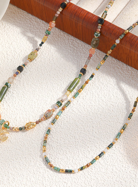 飞燕复古小众吊坠绿色系天然石串珠项链红玛瑙虎石双层叠戴锁骨