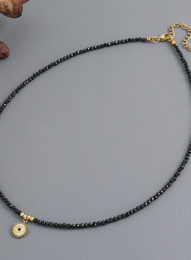 欧美跨境黑尖晶手工串珠项链小众高级感不锈钢吊坠百搭气质锁骨