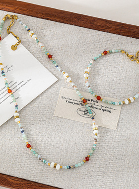 新款贝壳彩色多巴胺项链女不褪色小众锁骨链红玛瑙天然石串珠