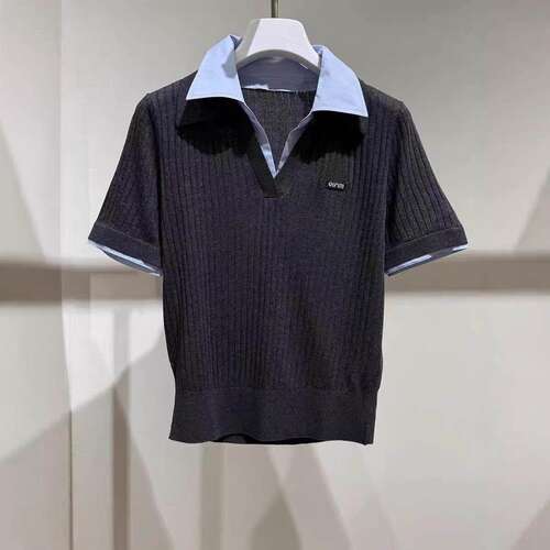 【现货】NOTHING WRITTEN针织衫上衣V领翻领短袖针织套头衫上衣女 - 图3