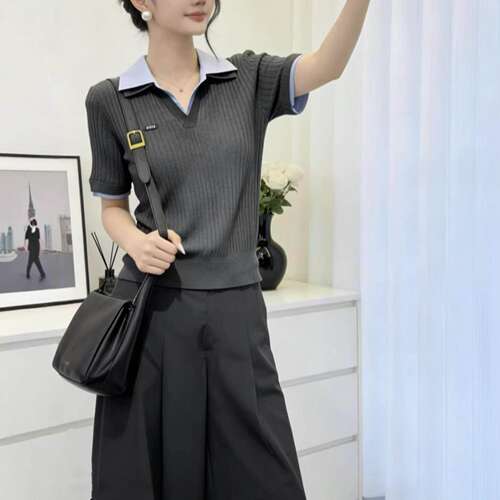 【现货】NOTHING WRITTEN针织衫上衣V领翻领短袖针织套头衫上衣女 - 图0