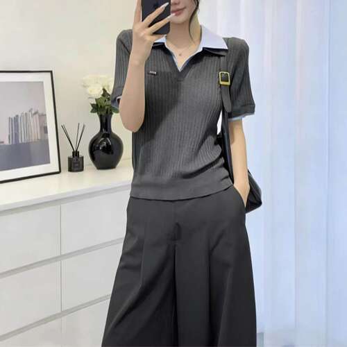 【现货】NOTHING WRITTEN针织衫上衣V领翻领短袖针织套头衫上衣女 - 图2