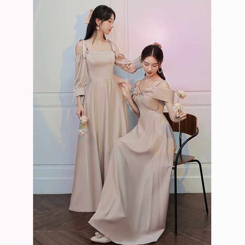 伴娘服2024新款姐妹团长裙平时可穿高级小众大码缎面礼服女秋冬季