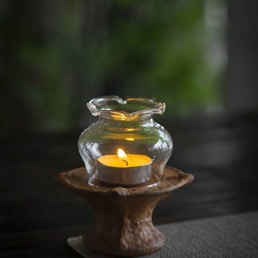 老岩泥黄色玻璃罩烛台复古茶室氛围感摆件蜡烛粗陶香熏小夜灯,淘宝优惠券,粉丝福利购,淘宝优惠卷