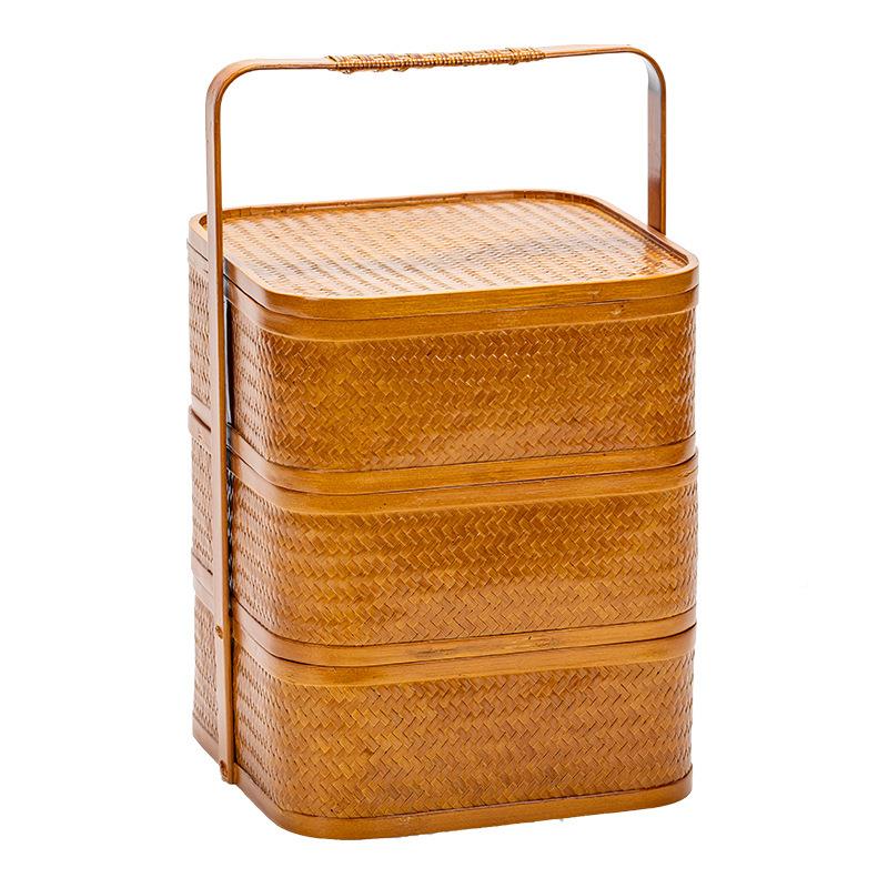 定制复古竹编食盒多层提篮茶具收纳盒手提仿古礼品分食盒带盖提盒-图3