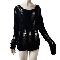 Women Dark Goth Split Hole Knit Sweaters Black Gothic Lady H