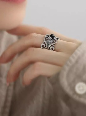 925银新中式玛瑙花雕纹理戒指