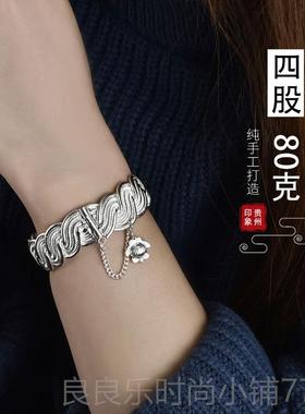 新款纯足银9风99镯手镯定制订做扁款麻花古老开口青丝式工艺饰品