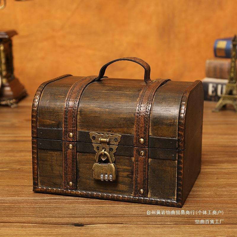 复古木盒子带锁儿童宝藏箱收藏盒百宝箱收纳盒小木箱钥匙密码盒子 - 图0