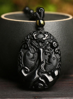 保真黑曜石龙鱼吊坠男女项链鱼跃龙门毛衣链锦鲤挂件考研上岸礼物