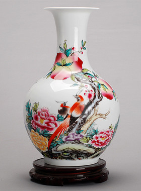 粉彩礼品花瓶高白瓷寿辰花瓶家居摆件工艺品花瓶乔迁礼品装饰瓷