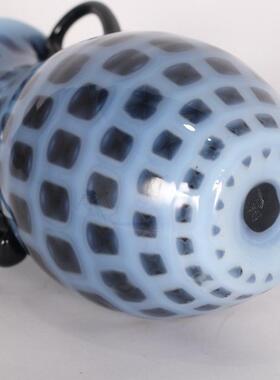 中古双耳方格子花器克莱因蓝琉璃彩色玻璃艺术水培吹制插花花瓶