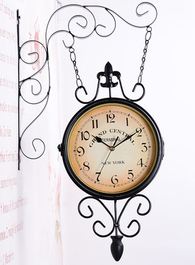 欧式复古客厅挂钟装饰钟表双面钟铁艺品厂家直销铁艺工艺时钟