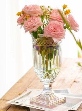 复古欧式透明高脚大号花瓶客厅玻璃插花摆件轻奢水养鲜花花瓶餐桌