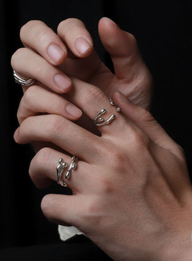 韩版S925银几何不规则线条戒指女复古时尚个性嘻哈开口指环食指戒