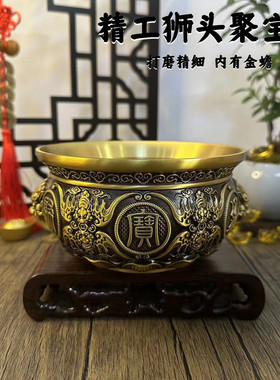 批发黄铜缸聚宝盆【内有金蟾】铜摆件聚宝盘百福狮子头香炉