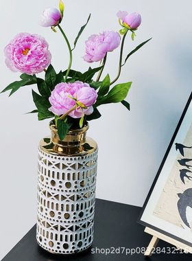 电镀金色间白窗花浮雕装饰样板间花瓶陶瓷工艺品软装摆设设计师款