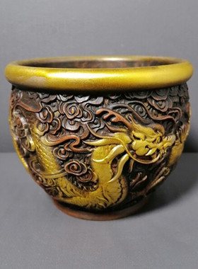 古玩铜器摆设黄铜龙缸家居客厅摆设仿古铜香炉影视道具铜炉收藏