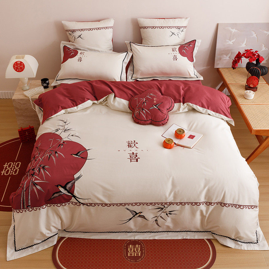 新中式欢喜婚庆四件套全棉100支长绒棉刺绣红色结婚被套床单床笠,淘宝优惠券,粉丝福利购,淘宝优惠卷