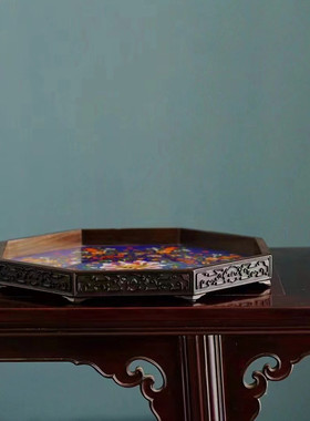 大红酸枝镶实木八角福寿承盘中式珐琅都承盘红木托盘文盘