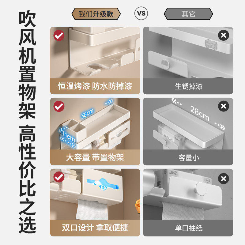 2024吹风机置物架卫生间电吹风收纳架浴室奶油白免打孔吹风筒支架,淘宝优惠券,粉丝福利购,淘宝优惠卷