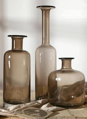 长颈花瓶轻奢咖啡色创意小口玻璃花瓶细脖高瓶家居软装摆件书玄关