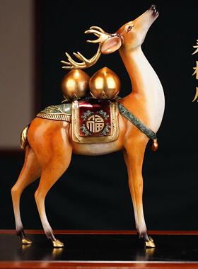 福禄双全铜鹿摆件葫芦寿桃客厅玄关装饰工艺品送长辈生日祝寿礼物