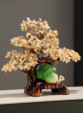 天然黄水晶发财树摇钱树摆件手工编织招财乔迁新居客厅送礼装饰品