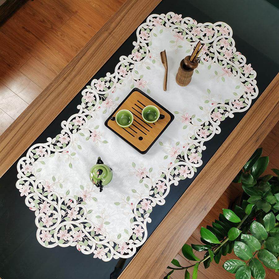 中式欧式布艺绣花粉色百合桌布茶几巾国潮桌旗桌垫镂空盖巾茶几旗,淘宝优惠券,粉丝福利购,淘宝优惠卷