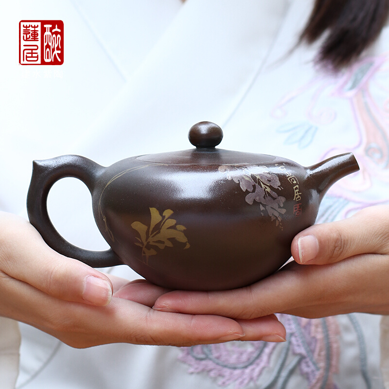 云南建水紫陶柴烧壶柴烧功夫茶壶泡茶壶茶具礼品/K03彩填柴烧壶-A - 图0