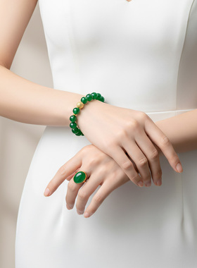 AILEQ 925银天然玉髓绿珠串玉绿金色银辉新中式时尚珠宝妈妈手链