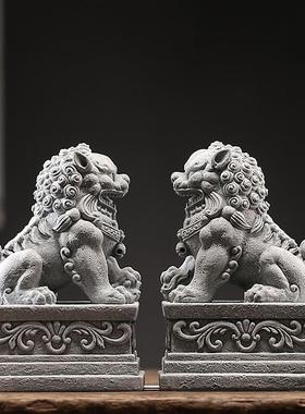 创意福瑞石狮子一对青砂石摆件茶宠盆景鱼缸造景桌面门厅阳台装饰