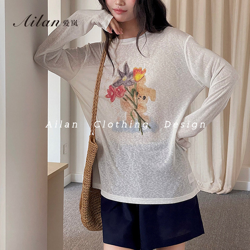 【抱花的兔兔】新款天丝遮阳tee卡通印花长袖T恤,淘宝优惠券,粉丝福利购,淘宝优惠卷