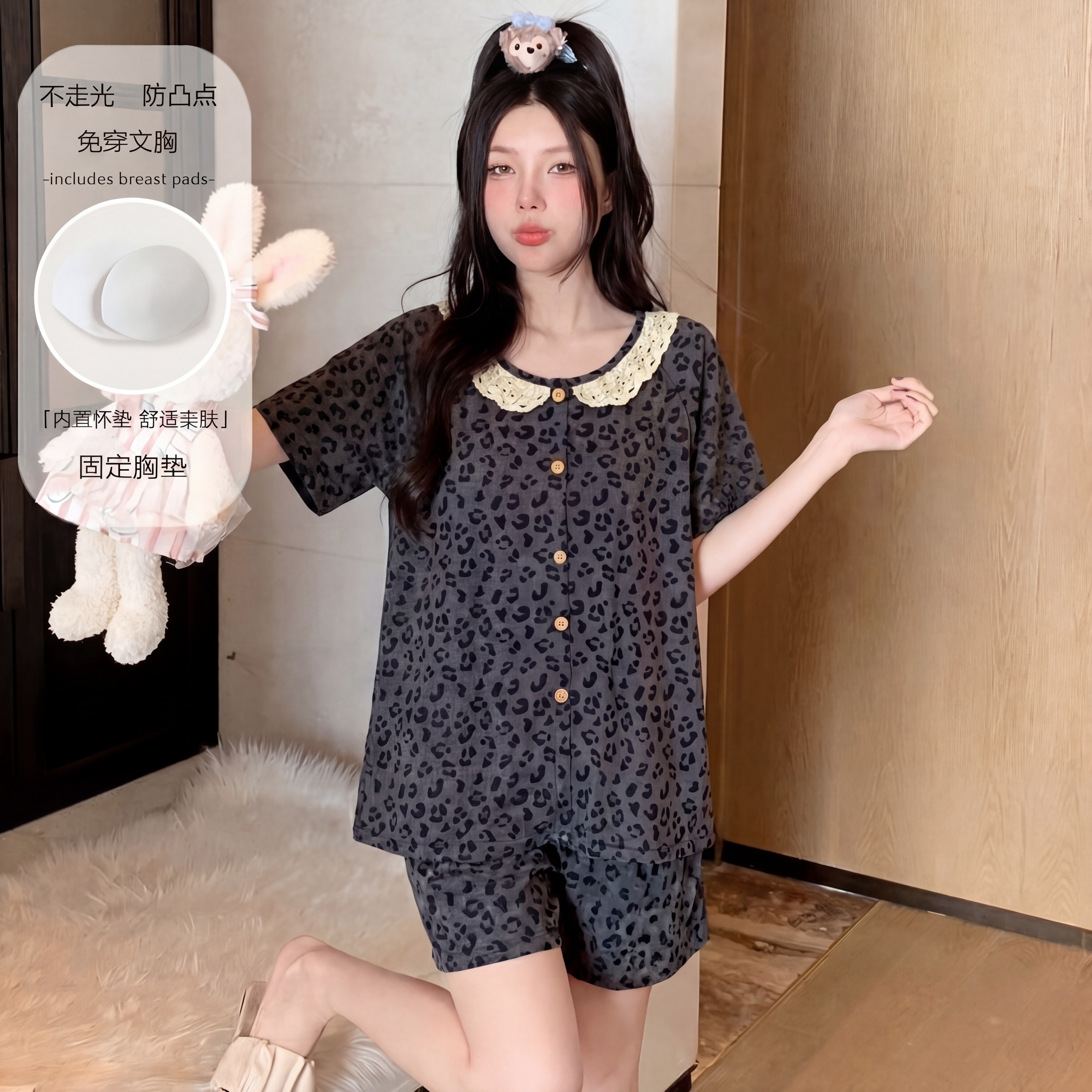 带胸垫防走光睡衣女夏季短袖短裤水墨紫花开衫可外穿家居服套装L