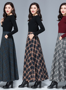 极速Mom High Waist Woolen playid Skirts 2019 Autumn Winter W