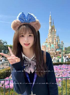 迪士尼春日雪莉玫蓝色波点蝴蝶结发箍女2025年新款可爱卡通发卡女