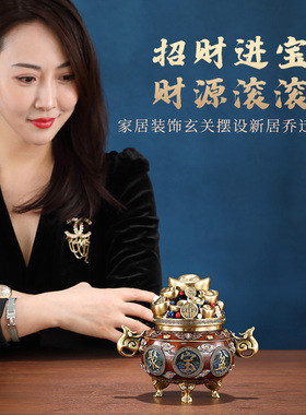 黄铜聚宝盆摆件招财家居客厅风水店铺收银柜台装饰品工艺开业礼品
