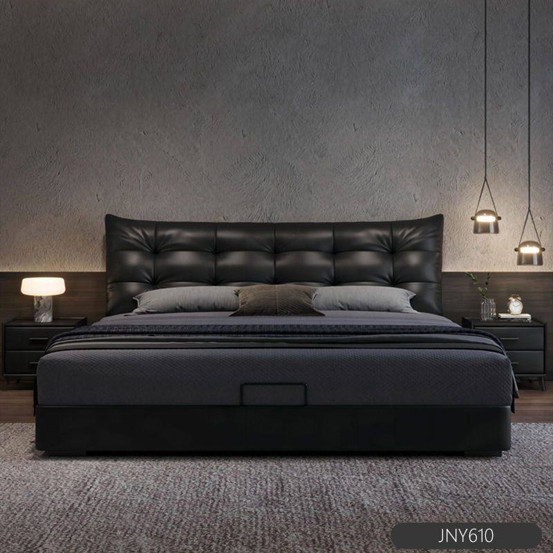 意式极简复古风泡芙黑色皮床家用小户型主卧双人床婚床储物软包床,淘宝优惠券,粉丝福利购,淘宝优惠卷