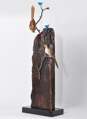 铜树枝鸟摆c件结合厚重船木家居店面摆放办公室摆放喜庆工艺品摆