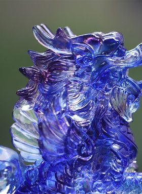 琉璃蓝色麒麟g一对风水摆件居客厅商铺前台装饰摆放开业中式送礼