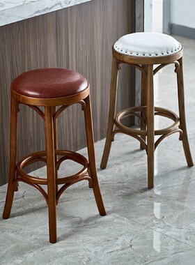 厂家软包酒吧椅子法式高脚吧椅创M意实木餐吧圆凳吧台凳