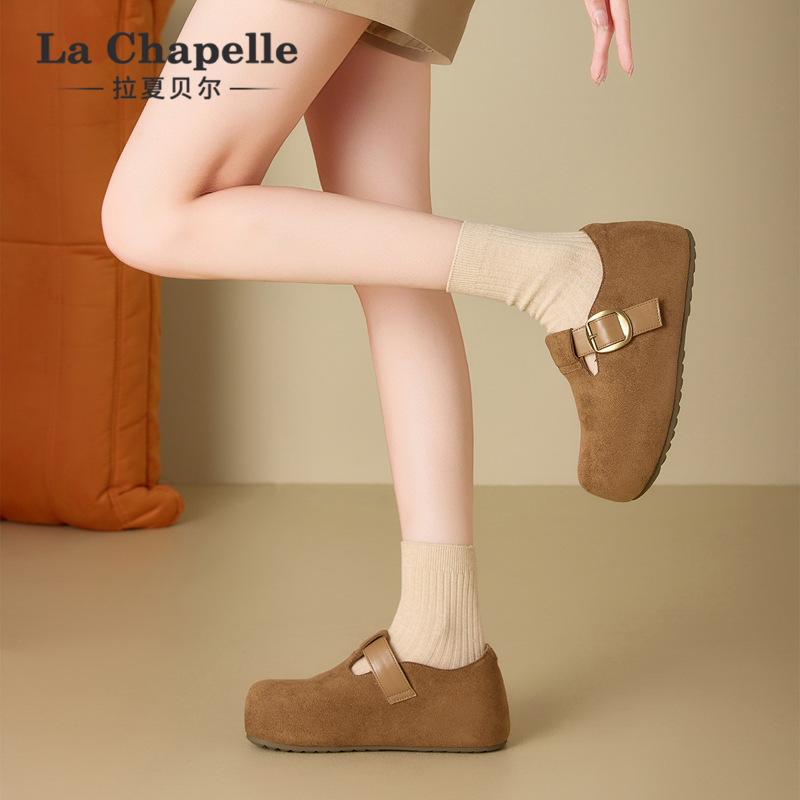 拉夏贝尔全包勃肯鞋女2025秋冬新款厚底内增高休闲单鞋复古博肯鞋 - 图0