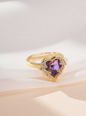 韩版海洋之心经典轻奢复古女爱心彩色水晶开口戒指潮流指环戒指