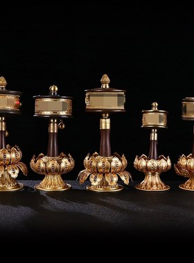 多款慧宝手摇转金轮大小号藏传黄铜手H摇转动筒莲花底座黄铜实木