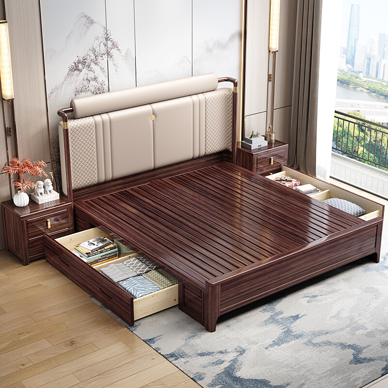 新中式乌金木实木床1.8米主卧双人软靠全实木储物卧室婚床