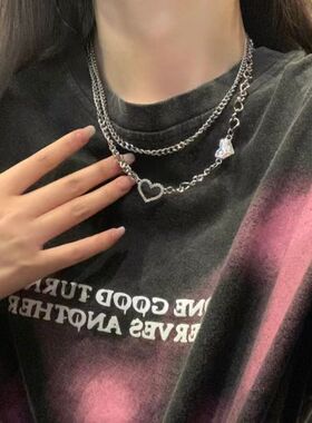 项链酷中性双层叠戴镂空爱心女嘻哈甜酷辣妹风搭配T恤设计感