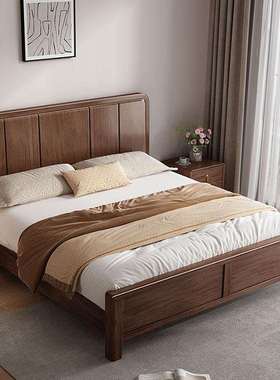 胡桃木家用实木床储物高箱现代简约大床带抽屉的主卧一米八双人床