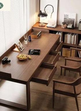 学生卧室写字电脑桌带抽屉学习桌全实木家用书桌北欧书房靠墙书桌