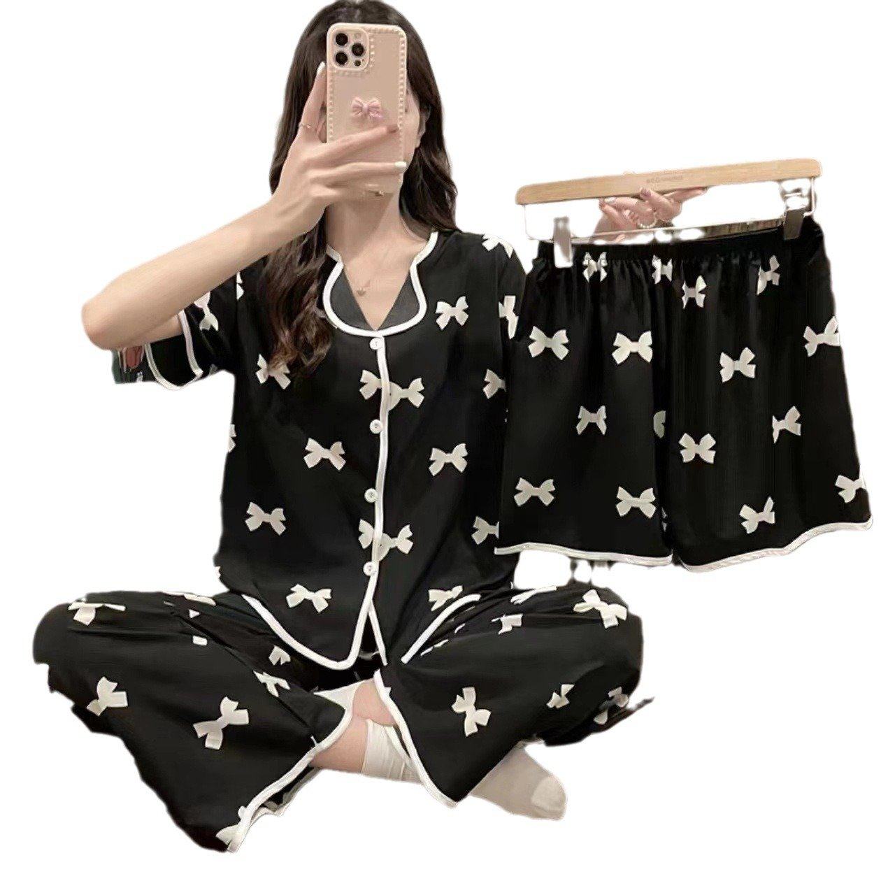 夏季新款睡衣女短袖短裤三件套甜美宽松韩版学生家居服套装,淘宝优惠券,粉丝福利购,淘宝优惠卷