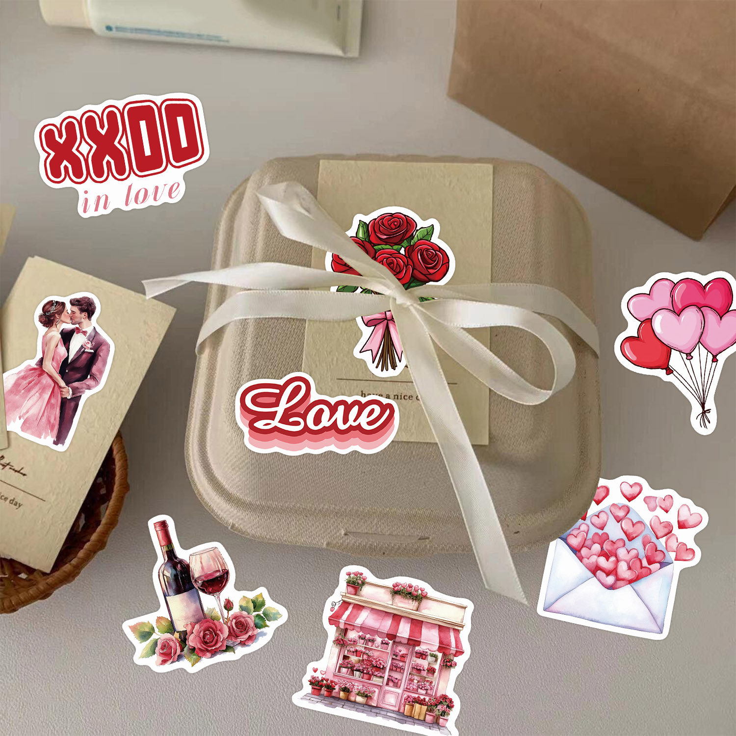 100张粉色情人节装饰贴纸浪漫可爱ins风手机壳笔记本电脑DIY贴画